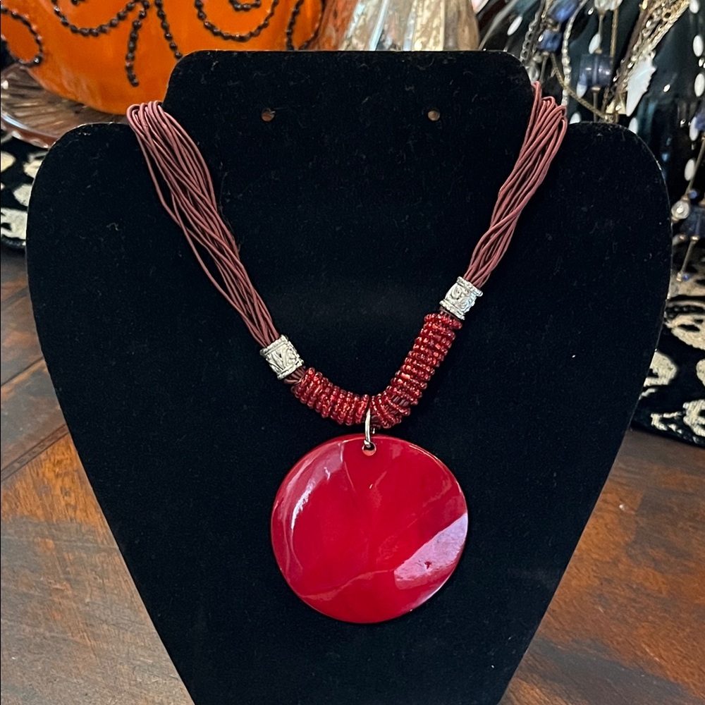 Bold Red Statement Pendant Necklace – Boho Multi-Strand Cord